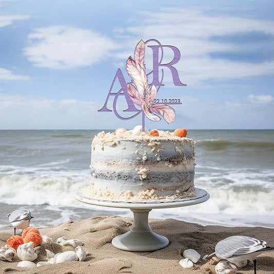 Personalized Boho Wedding Cake Topper in Wood Custom Bride and Groom Initial Cake Topper Wedding Date Cake Decoration (Boho Feather)