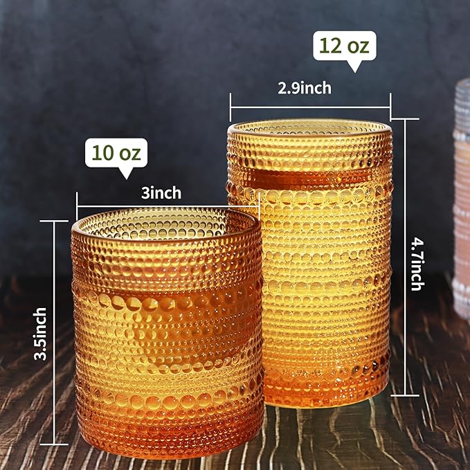 Vintage Hobnail Driinking Glasses Set, Glassware Drinking Set of 8, 12 oz Highball Glasses & 10 oz Cocktail Glasses, Tumbler Glasses for Cocktails, Whiskey, Juice, Milk