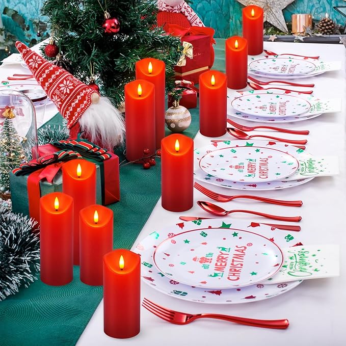 LED Flameless Candles with Remote, Set of 24 Red Flickering Candles, Battery Operated Realistic Pillar Candles for Halloween, Christmas, New Year, Home Decor, Parties