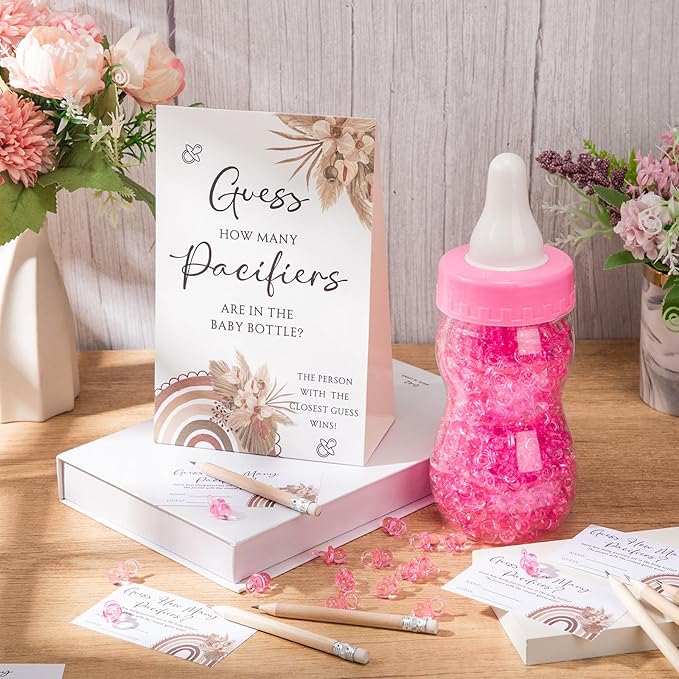 Roowest 512 Pcs Baby Shower Games Guess How Many Pacifiers Sign 100 Small Guessing Games 10 HB Pencils 750ml Milk Bottle 400 Acrylic Pacifiers Decoration for Guest Gender Reveal(Pink,Sunshine)