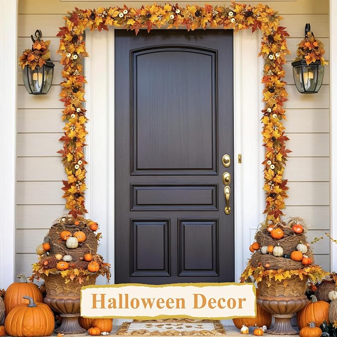 Fall Garland with Lights Outdoor 6FT Autumn Fall Leaves Garland with Pinecones Berries 30 Warm Lights Thanksgiving Christmas Fall Decorations for Home Table Farmhouse Porch Fireplace (Fall Orange)
