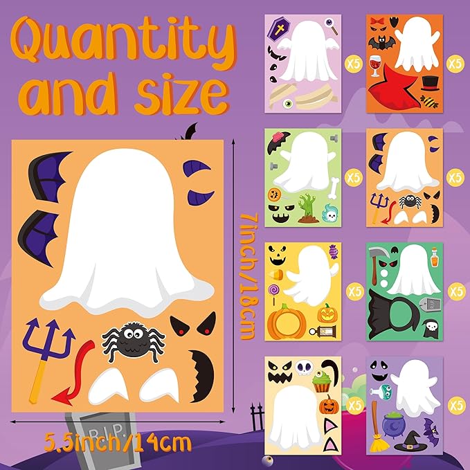 CY2SIDE Halloween Ghost Face Stickers - 40PCS Make Your Own Funny Ghost Stickers Games for Kids School Rewards, DIY Halloween Trick or Treat Party Favors for Classroom Activities Home Fun Project