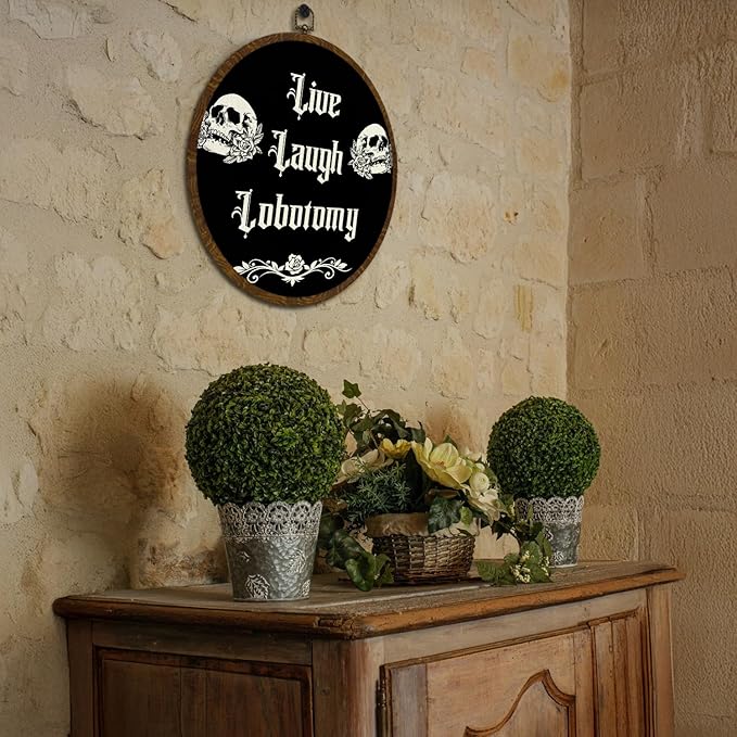 KLYTINK Gothic Skull Round Wall Art,Dark Humor-Live Laugh Lobotomy-Canvas Hanging Decor, Punk Rock Alternative Quote Sign for Bedroom, Office, Dorm or Halloween 10x10In (Black)