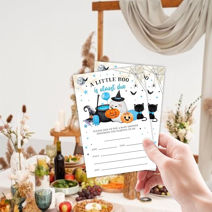 25 Halloween Baby Shower Invitation Cards, A Little Boo Is Almost Due, Adorable Halloween Elements Invites With Envelopes, Gender Reveal, Baby Announcement Party Favor & Supplies (Blue A09)