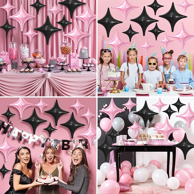 Pink Black Star Balloons,12Pcs Four Angle Star Foil Balloons,26Inch and 10Inch Pink Black Quadrangle Helium Balloon for Birthday Anniversary Party Decorations