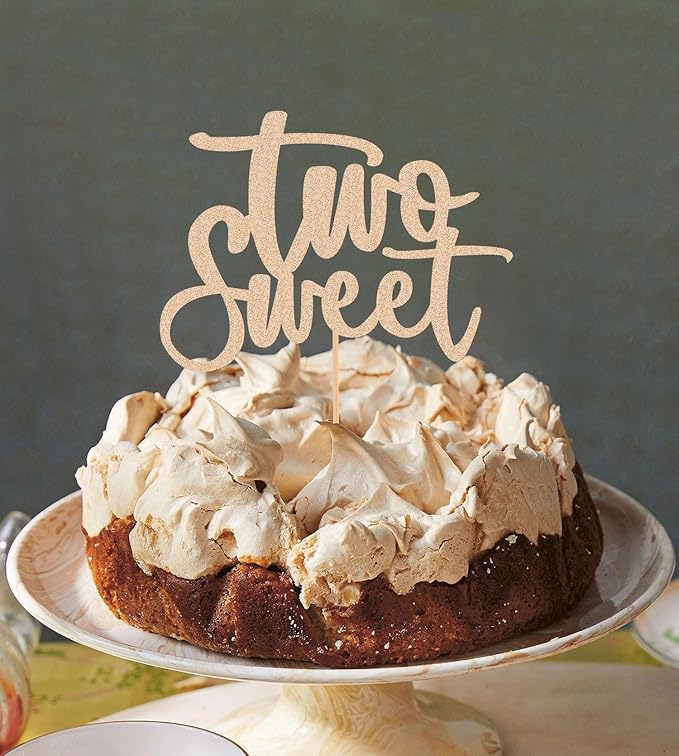 Two Sweet Cake Topper - Glitter Rose Gold 2nd Birthday Cake Decorations, Second Anniversary Cake Pick (Rose Gold)