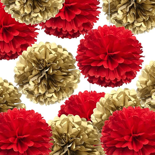 14" Red and Gold Tissue Pom Poms Kit DIY Decorative Paper Flowers Ball for Christmas New Years Eve Party Wedding Baby Shower Graduation Birthday Party Home Outdoor Hanging Decorations, Pack of 10