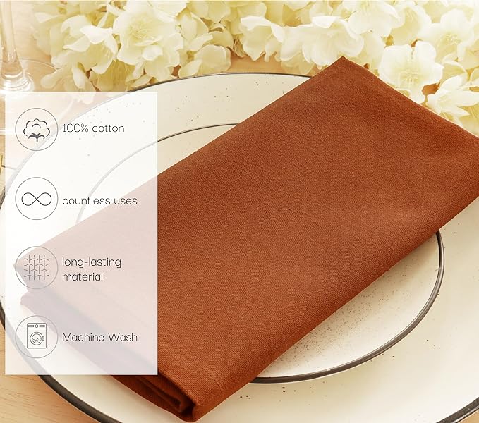PurpleEssences Rust Set of 12 Cloth Dinner Napkins 100% Cotton 18x18 Inch - Soft Durable Washable - Ideal for Farmhouse Party Fall Thanksgiving - Perfect Everyday Use Table Linen - Rust
