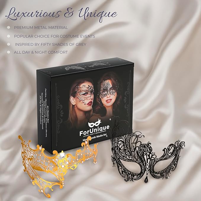 Masquerade Mask for Couples Women and Men - 3 Pack Venetian Gold and Black Lace, Mardi Gras Mask