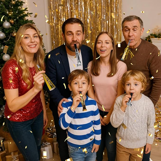 100pcs New Years Eve Party Supplies 2026 Black, Gold & Silver Party Blowers, New Years Decorations Noisemakers for Kids & Adults Nye Decorations
