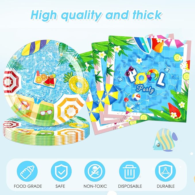 41Pcs Pool Party Decorations,Summer Beach Tableware Include Hello Summer Paper Plates,Napkins,Tablecloths,for Kids Swimming Pool Birthday Party,Hawaii Holiday Beach Party Decorations Supplies,Serv 20