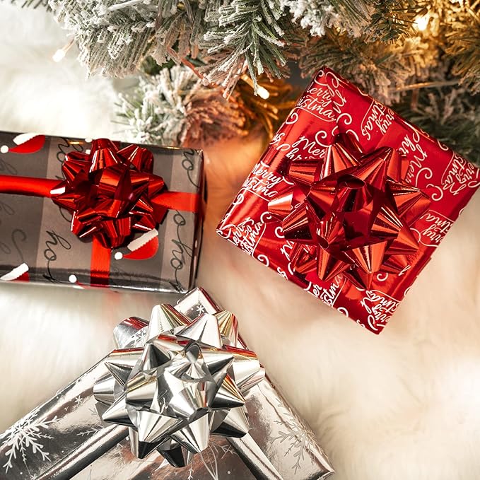 WRAPAHOLIC Christmas Wrapping Paper Set - Black Red Santa and Snowflake Holiday Collection with Metallic Foil Shine Wrapping Paper Bundle with Gift Bow & Ribbon & Tag & Sticker