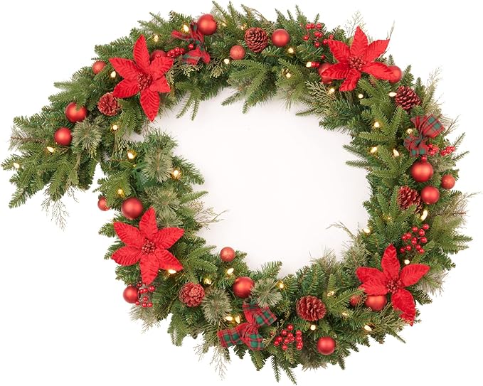 9Ft Poinsettias Pre-lit Christmas Garland 50 LED Lights Battery Operated,Holiday Decoration Fireplace Stairs Mantle Door Indoor Outdoor