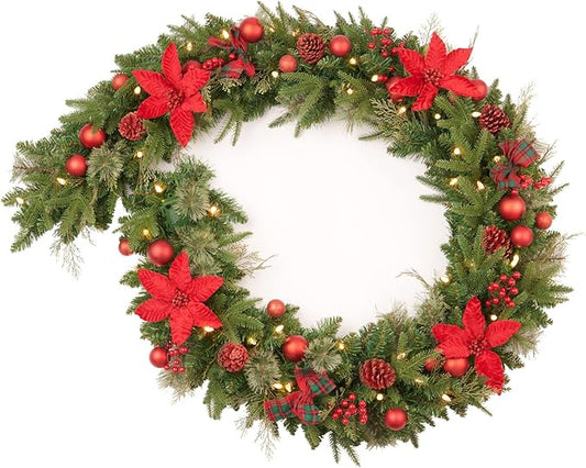 9Ft Poinsettias Pre-lit Christmas Garland 50 LED Lights Battery Operated,Holiday Decoration Fireplace Stairs Mantle Door Indoor Outdoor