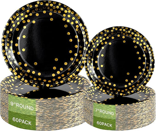 Lullaby 120PCS Black Paper Plates, Black and Gold Paper Plate, 60pcs Dinner Plates 9"，60pcs Dessert Plates 7", Disposable Graduation Plates with Golden Dot for Birthday party, Halloween