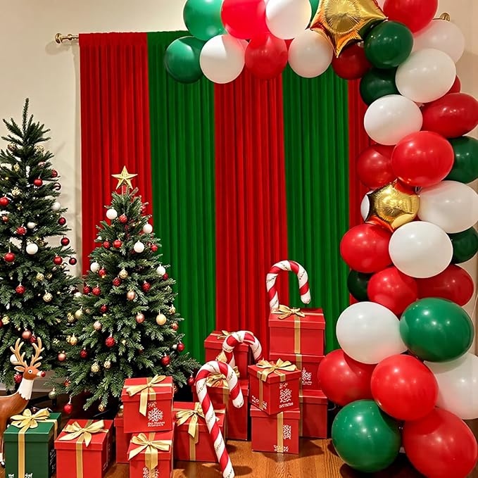 Christmas Backdrop Curtain - 10×7ft Red & Green Holiday Party Background Decor for Xmas Tree Photos, Home Festive Wall, Mall Santa Booth, Reusable Winter Celebration Decoration for Families