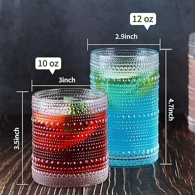 Vintage Hobnail Driinking Glasses Set, Glassware Drinking Set of 8, 12 oz Highball Glasses & 10 oz Cocktail Glasses, Tumbler Glasses for Cocktails, Whiskey, Juice, Milk, Clear
