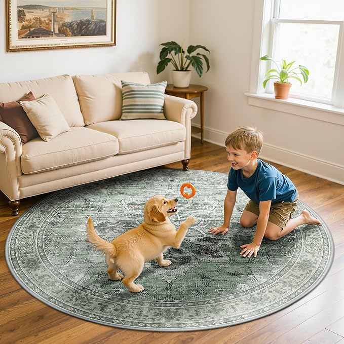 Area Rugs 7ft Washable Non-Slip, Floral Vintage Distress Print Pattern Medallion Carpet for Living Room Bedroom Dining Room, Dark Green Gray
