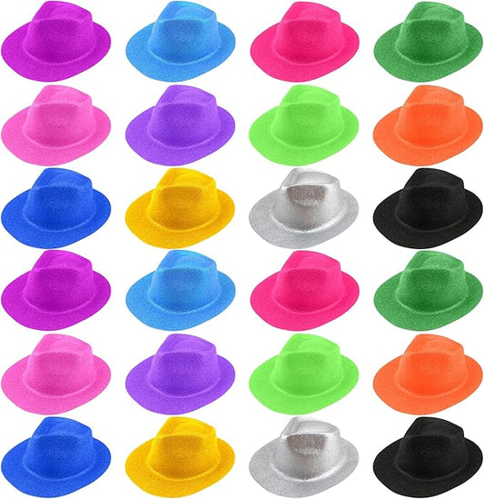24 Pcs Neon Party Hats Bulk Plastic Fedora Party Hats Glitter Party Gangster Hats for Adult Kids Party Supplies