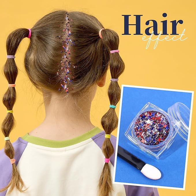 Teenitor Body Glitter Gel, 6 Shape Red White and Blue Face Glitter, 4th of July Accessories Hair Glitter for Kids, 4th of July Outfits USA Accessories for Women, Blue Face Glitter for Independence Day