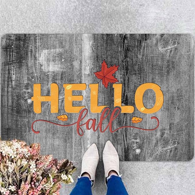 Hello Fall Door Mat Fall Maple Leaves Welcome Doormat, Seasonal Harvest Thanksgiving Vintage Rustic Low-Profile Floor Switch Mat for Indoor Outdoor