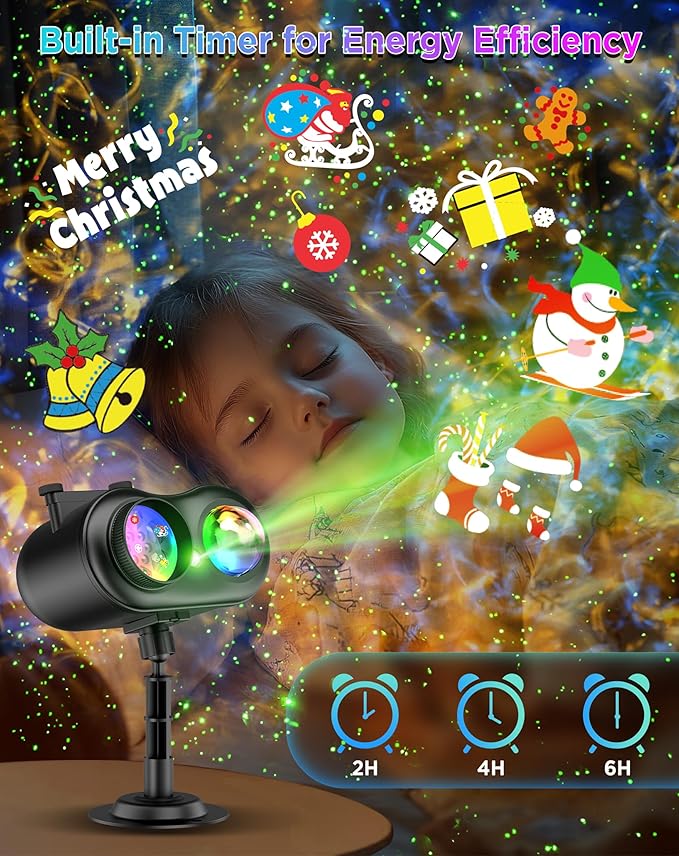 Christmas Projector Lights Outdoor Waterproof, 20 Slides & 8 Bright HD Patterns, Firefly & Ocean Wave Effects, Timer Snowflake Light Projector for House Yard Xmas New Year Valentine’s Thanksgiving