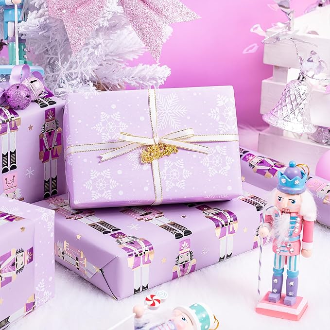 RUSPEPA 30" X 32.8' Reversible Christmas Wrapping Large Paper Roll, Jumbo Roll, Gold Foil Purple Nutcracker Soldier and Snowflakes Design Gift Wrap for Girls, Women, Family, Xmas Holiday Gifts