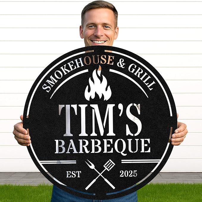Custom BBQ Grill Metal Sign Personalized Name Wall Art for Outdoor Barbecue Patio Kitchen Backyard Decor Gift for Dad Husband Men Papa Grandpa Father Grilling Enthusiasts Family Lover Funny Gifts 64