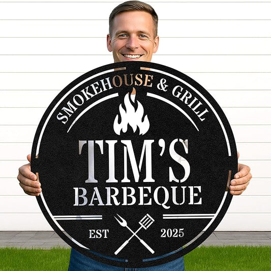 Custom BBQ Grill Metal Sign Personalized Name Wall Art for Outdoor Barbecue Patio Kitchen Backyard Decor Gift for Dad Husband Men Papa Grandpa Father Grilling Enthusiasts Family Lover Funny Gifts 64
