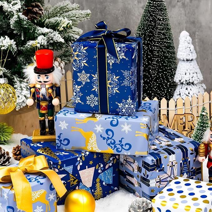 MAYPLUSS Nutcracker Christmas Gift Wrapping Paper - 17 In x 120 In Per Roll - Reversible Magic Navy Nutcracker, Midnight Snowflake, Tree Design Seasonal Gift Wrap Paper for Holiday, Christmas Ornament