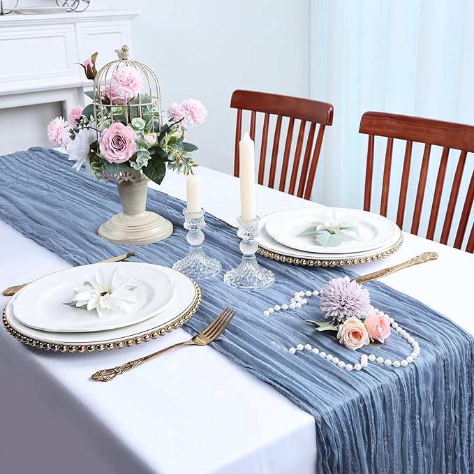 12 Pack Dusty Blue Cheesecloth Table Runner 10FT Boho Cheese Cloths Gauze Fabric Table Runners 120 Inch Rustic Sheer for Wedding Birthday Party Baby Shower Centerpiece Home Decorations