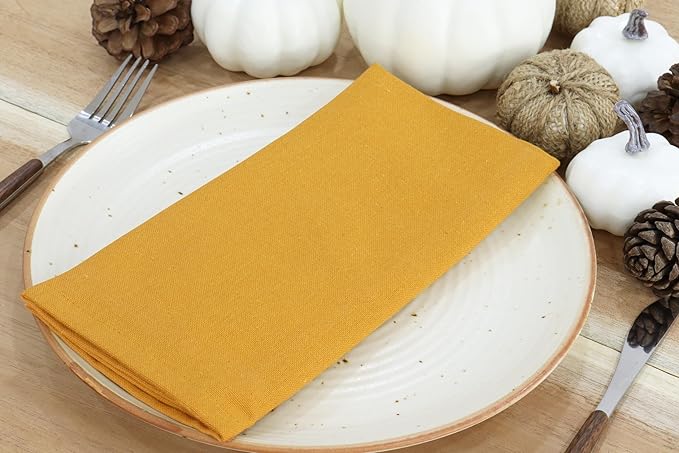 PurpleEssences Set of 6 Cloth Dinner Napkins 100% Cotton 18x18 Inch - Soft Durable Washable - Ideal for Farmhouse Party Christmas Holiday Winter - Perfect Everyday Use Table Linen - Golden Yellow