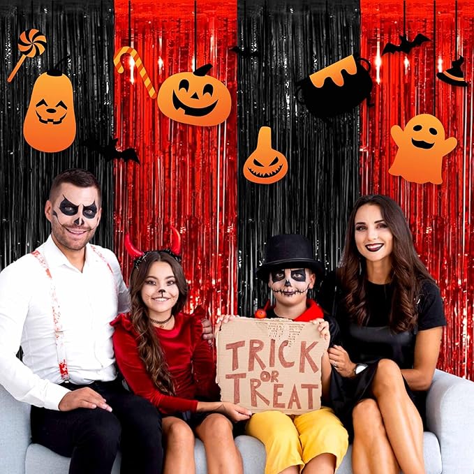 6 Pack Black and Red Foil Fringe Curtains Backdrop, 3.28 x 9.8 Ft Metallic Streamers Tinsel Curtains Background for Photo Booth, Birthday, Halloween, Christmas, New Year Party Decorations