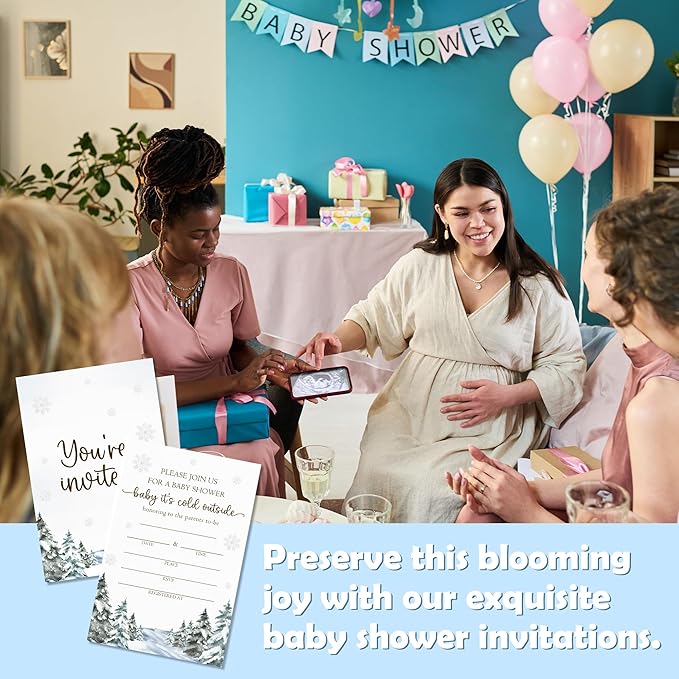 4'' x 6'' Baby It's Cold Outside Baby Shower Invitations - 25 Snowflake & Tree Invited Cards with Envelopes - Winter Announcement Invites for Boys & Girls, Gender Reveal Party Supplies & Decor -A06