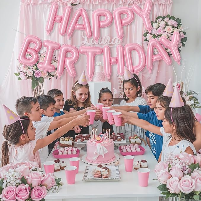 Pink Happy Birthday Balloon Banner, 16 Inch Pastel Pearl Baby Pink Self Inflating Happy Birthday Mylar Foil Balloon, Birthday Bunting Banner Letter Balloons for Girls Women Birthday Party Decorations