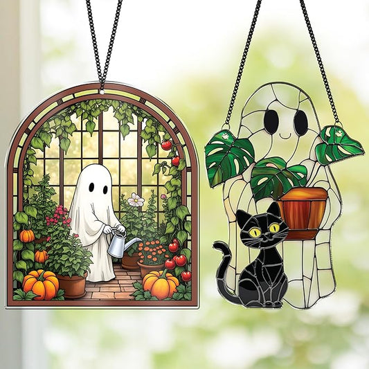 2 Cute Halloween Decoration Suncatchers, Spooky Cute Ghost Plant Window Hangings, Ghost with Black Cat Greenhouse, Pumpkin Ornaments Home Garden, Gifts for Mom, Plant Lovers, Women, Girl SS358