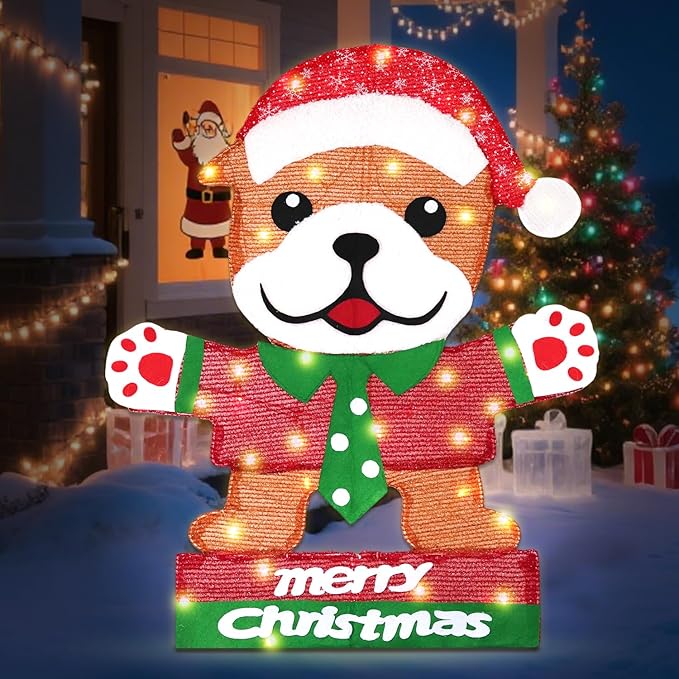 Domkom Lighted Bulldog Christmas Decoration, 30 Inch Pre-Lit Cute Dog with Christmas Hat 45 LED Warm Lights for Home Indoor Outdoor Yard Holiday Decor