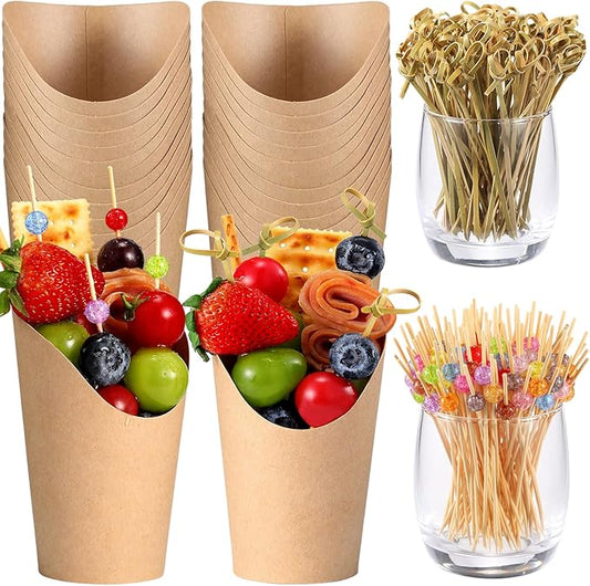 12Oz Charcuterie Cup Set, 100 Pcs Cups with 200 Pcs Coctail Picks, French Fry Holder and Bamboo Knot Skewers, Handheld Party Appetizer Kit, Disposable Kraft Paper Snack Box Container, Take Out Cones