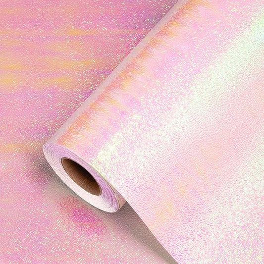 Yarcony Pink Holographic Wrapping Paper - 17Inch X 32.8Feet - Shiny Pink Iridescent Sparkle Wrapping Paper Embossed Gift Wrap Present for Birthday Wedding Bridal Shower Valentine's Day Mother's Day