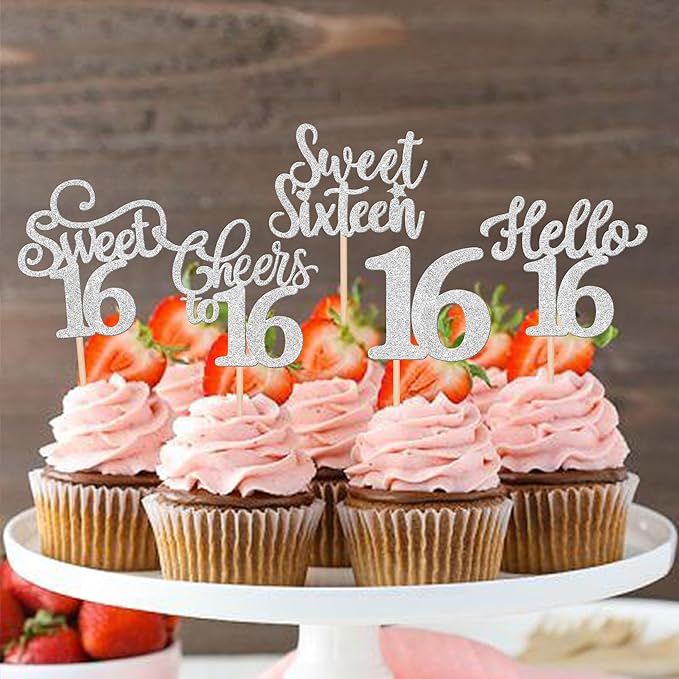 30PCS Happy 16th Birthday Cupcake Toppers Glitter Sweet Sixteen Hello 16 Cupcake Picks Cheers to 16 Birthday Decorations for 16th Birthday Anniversary Party Cake Decoration Supplies Silver