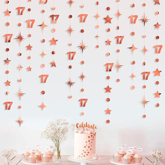 Rose Gold 17th Birthday Decorations Number 17 Circle Dot Star Garland Streamer Bunting Banner Backdrop for Girls Seventeen Year Old Birthday 17 and Fabulous Happy 17th Anniversary Party Supplies
