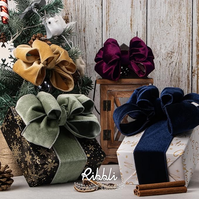 Ribbli Burgundy Velvet Wired Ribbon 1.5 Inch Velvet with Satin Christmas Ribbon for Gift Wrapping Christmas Tree Decoration Crafts Wreaths Supplies-Continuous 10 Yards