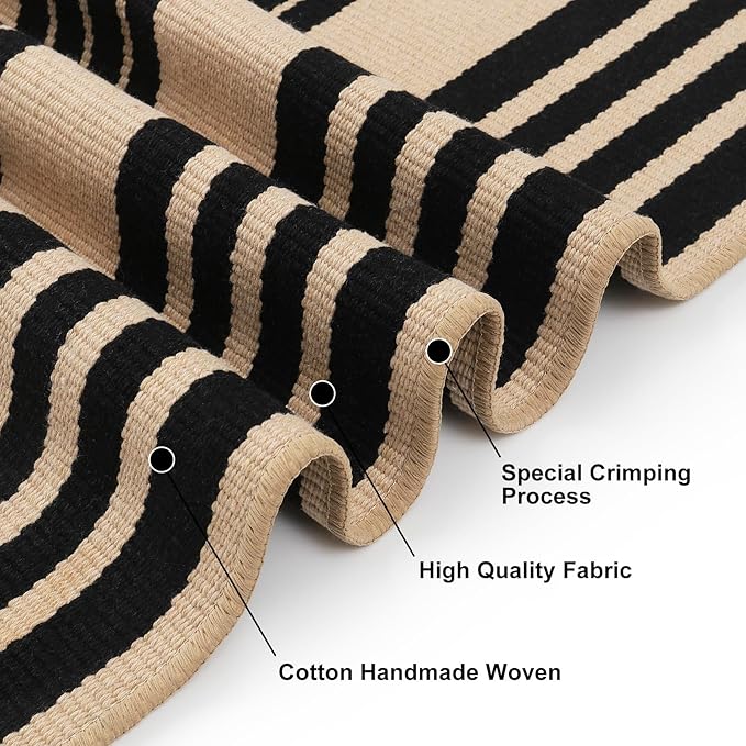 KIMODE Fall Front Door Mat 24"x51", Black and Khaki Striped Layered Door Mat Outdoor, Washable Farmhouse Front Porch Rug Halloween Thanksgiving Decorations, Cotton Hand Woven Entryway Rug