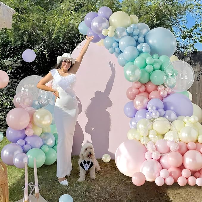 Pastel Rainbow Balloon Garland Arch Kit 126Pcs Double Stuffed Pearl Pink Blue Yellow Peach Purple Turquoise Clear Balloons for Birthday Party Baby Shower Gender Reveal Easter Spring Day Decorations