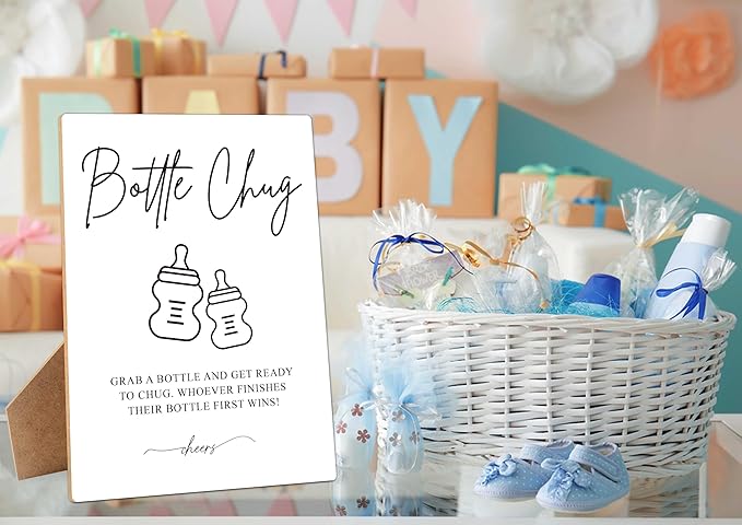 Baby Shower Game Bottle Chug Sign, 8×11 Inches Wooden Sign With Stand, Gender Neutral Tabletop Decor for Gender Reveal Party Decorations, Baby Shower Favor Supplies for Boy Girl-11