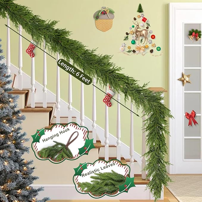 6FT Christmas Garland for Decoration Home Indoor Outdoor, Realistic Pine Christmas Garland Artificial Real Touch Greenery Cedar Garland Mantel Window Table Holiday Thanksgiving Winter Xmas Décor - 1