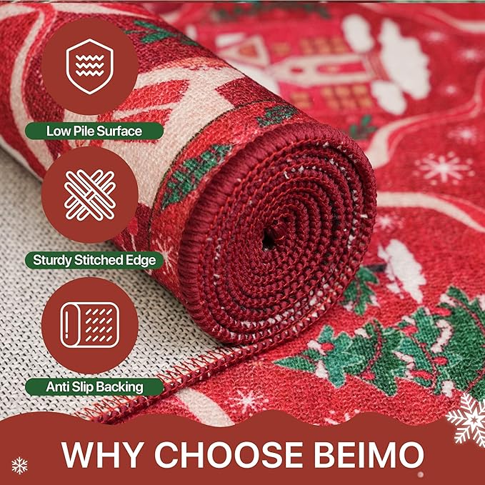 Christmas Area Rug 3x5 for Living Room, Washable Rug for Bedroom, Christmas Home Decor, Holiday Print Carpet, Low Pile Non Slip Mat with Rubber Backing, Red Christmas Tale Pattern
