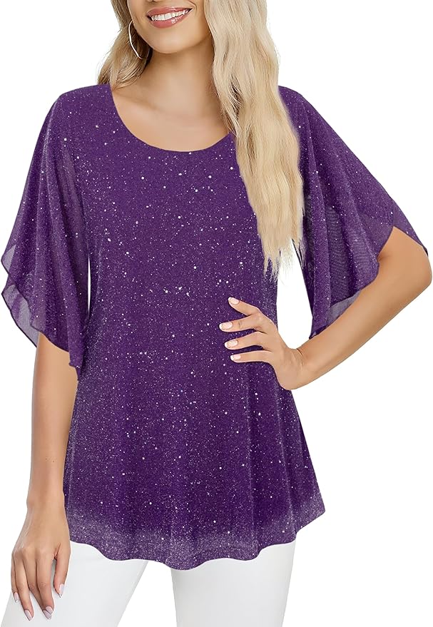 Ninedaily Women's Tops 3/4 Sleeve Blouses Dressy Casual Double Layers Mesh Tunic Shirts