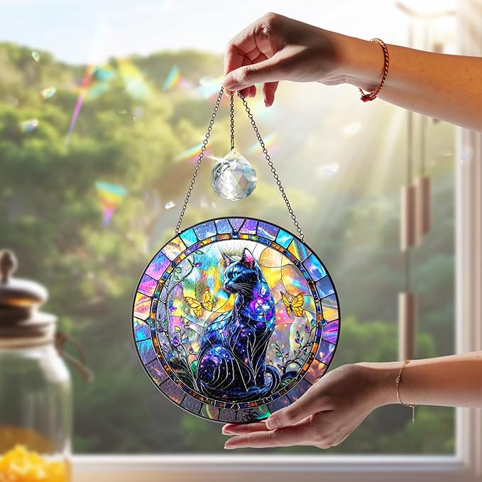 Galaxy Cat Stained Glass Suncatcher, Mystical Gothic Halloween Decoration, Butterfly Sun Catcher Window Hanging, Celestial Crystal Ornament, Halloween, Autumn Spooky Gift for Cat Lovers, Women, Mom