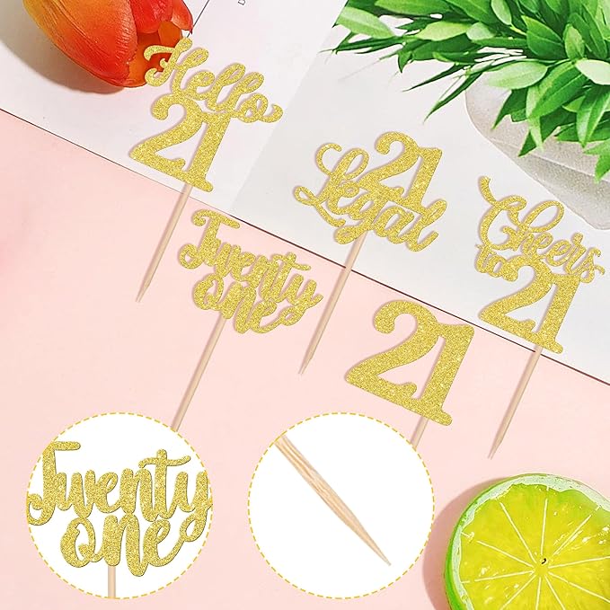 30PCS Happy 21st Birthday Cupcake Toppers Glitter Twenty One Legal 21 Hello 21 Cupcake Picks Cheers to 21 Birthday Decorations for 21st Birthday Anniversary Party Cake Decoration Supplies Gold
